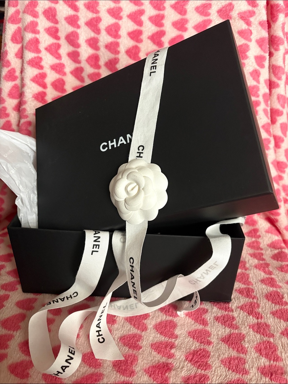 CHANEL Black Gift Box with White Camellia and Branded Ribbon with tissue paper.